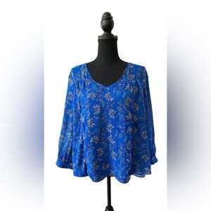 Dalia: Euro Blue V Neck Floral Bohemian Blouse with Golden Hues and Lace Detail